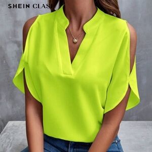 Shein Yellow and Green Cold Shoulder Short-Sleeved Blouse
